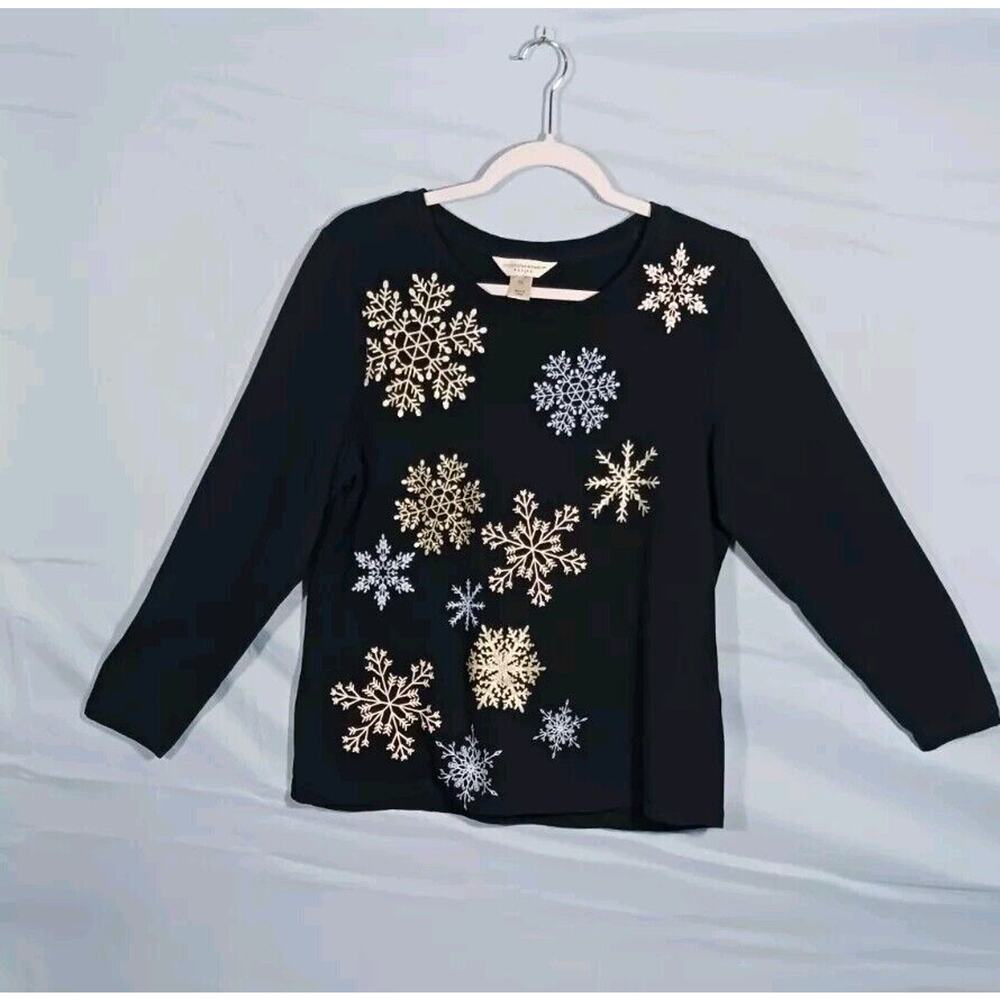 Christopher & Banks Women’s PL Snowflake Sparkle Holiday Sweater Navy Blue